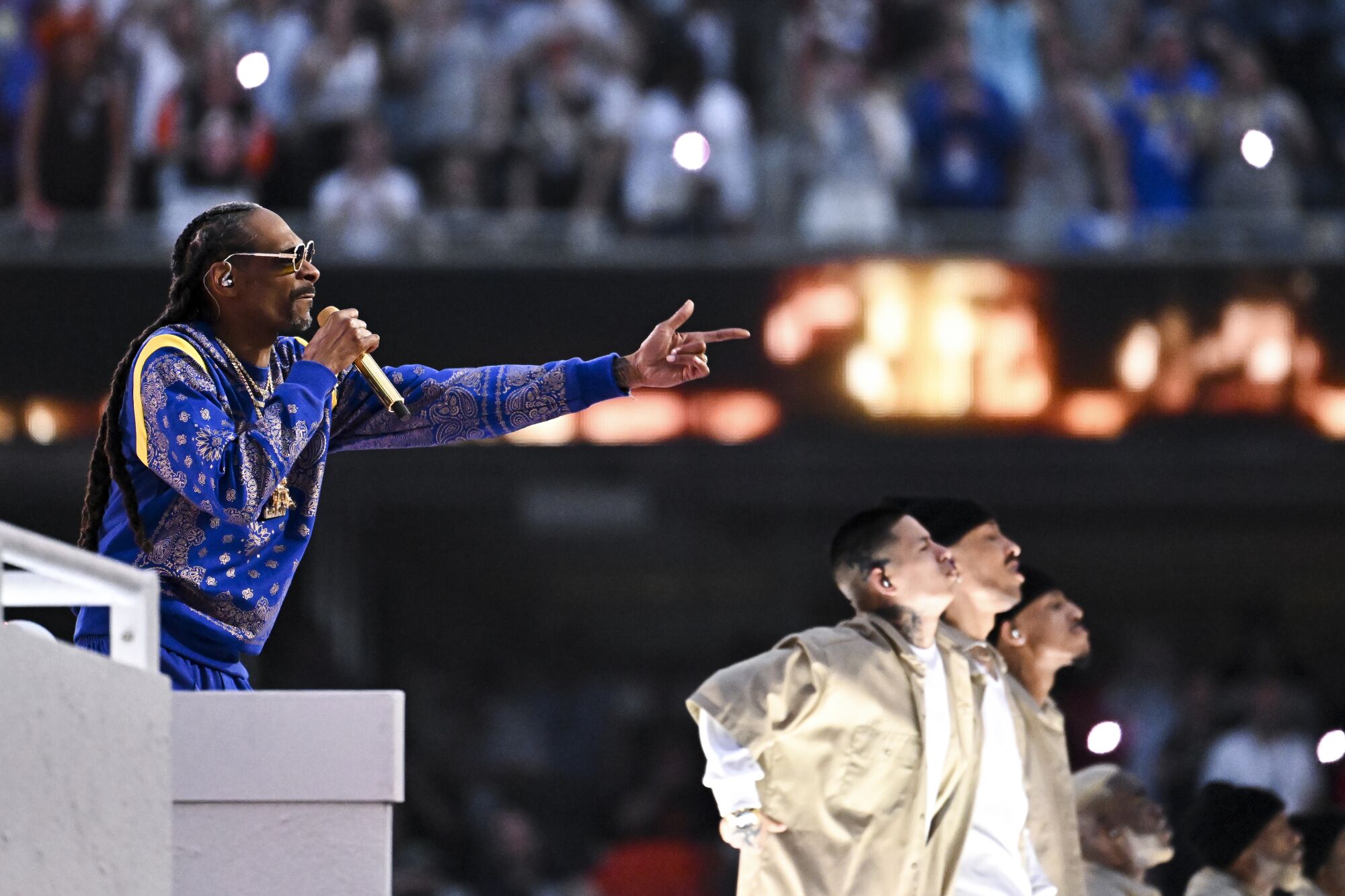 Snoop Dogg performs during halftime in Super Bowl LVI.