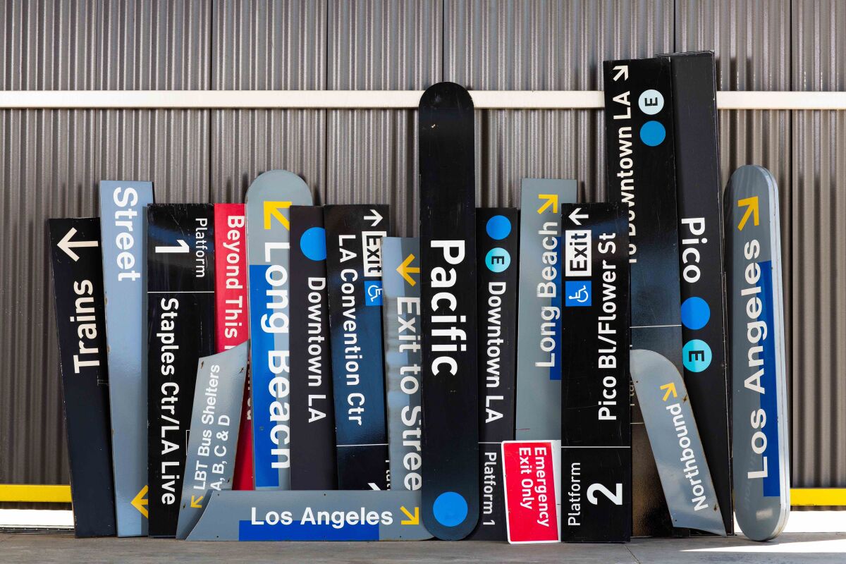 A sampling of the Blue Line signs retired by the L.A. County Metropolitan Transportation Authority.