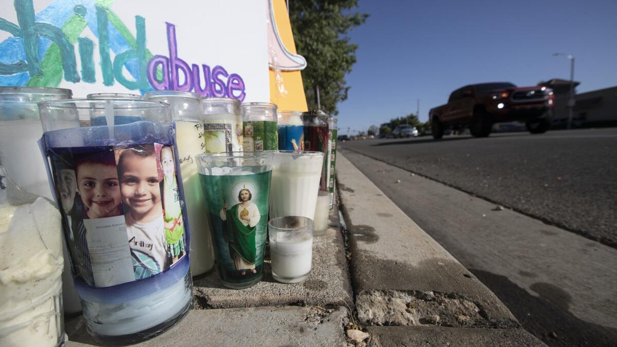 A memorial shrine for 10-year-old Anthony Avalos, a victim of child abuse, on a sidewalk near his family's home in Lancaster.