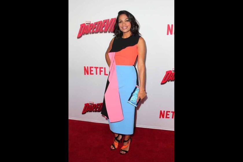 Rosario Dawson wore Roksanda Ilincic's spring 2015 color-blocked Pembroke dress to the premiere of Netflix's "Marvel's Daredevil."