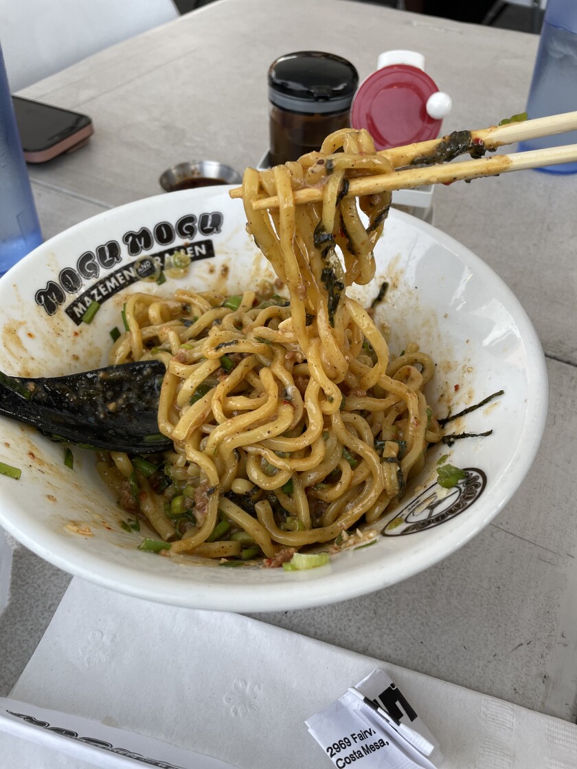 The soupless mazemen specialty, after mixing, at Mogumogu on Fairview Road in Costa Mesa.