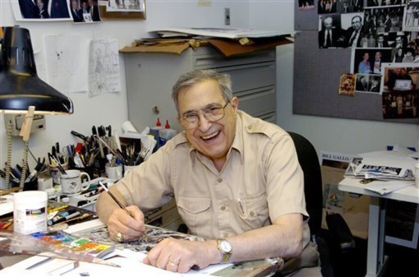 In this 2006 photo, Bill Gallo, a cartoonist and columnist for the New York Daily News, works at his drawing board in his office in New York. Gallo, whose playful characters appeared in the paper over seven decades, died Tuesday, May 10, 2011. He was 88. (AP Photo/The Daily News, Thomas Monaster) NO SALES