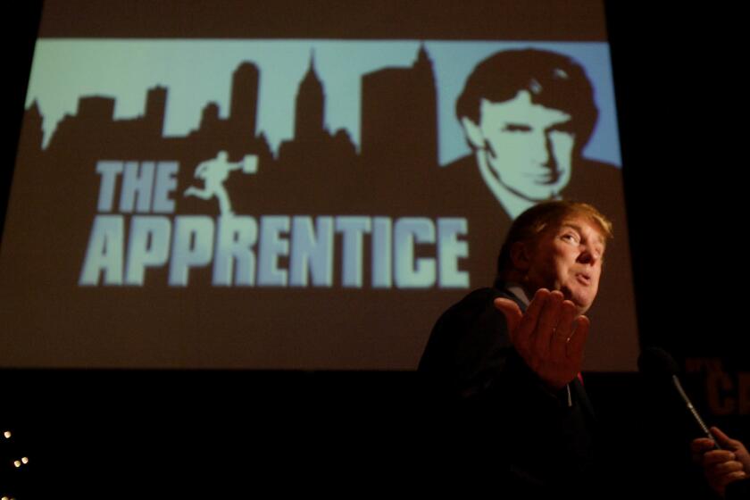@@*@@* FILE @@*@@* Donald Trump, seeking contestants for "The Apprentice" television show, is interviewed at Universal Studios Hollywood on July 9, 2004, in the Universal City section of Los Angeles. DaimlerChrysler AG says it has dropped its title sponsorship of Trump's television show ``The Apprentice'' because of a price increase from NBC. (AP Photo/Ric Francis)
