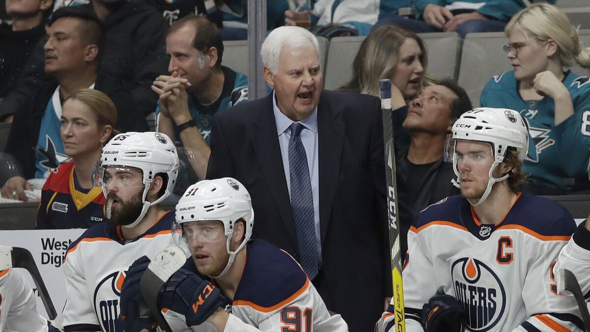 Edmonton Oilers head coach Ken Hitchcock is shown with his players during a game against San Jose on Nov. 20.
