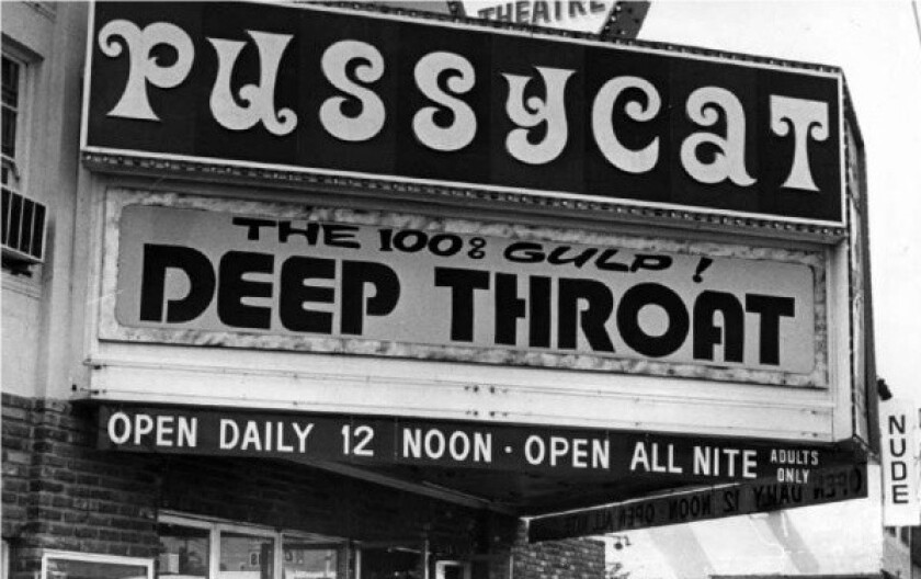 The marquee at the Pussy Cat Theatre in West Hollywood where the adult film "Deep Throat" was showing in 1973.