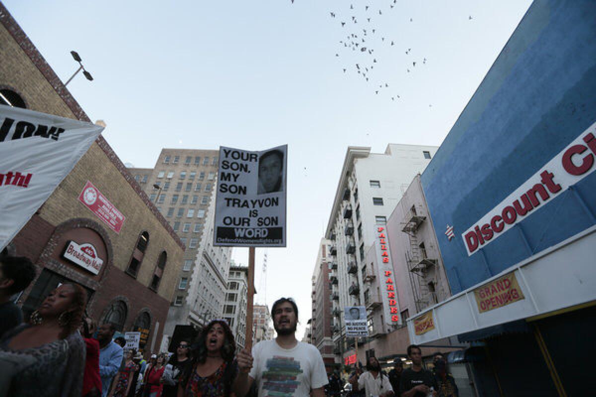 Hundreds of people marched the streets of downtown Los Angeles protesting the verdict in the George Zimmerman trial.