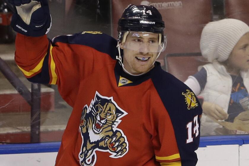 Florida Panthers forward Tomas Fleischmann celebrates after scoring a goal against the Nashville Predators on Feb. 8. Fleischmann was traded to the Ducks on Saturday.