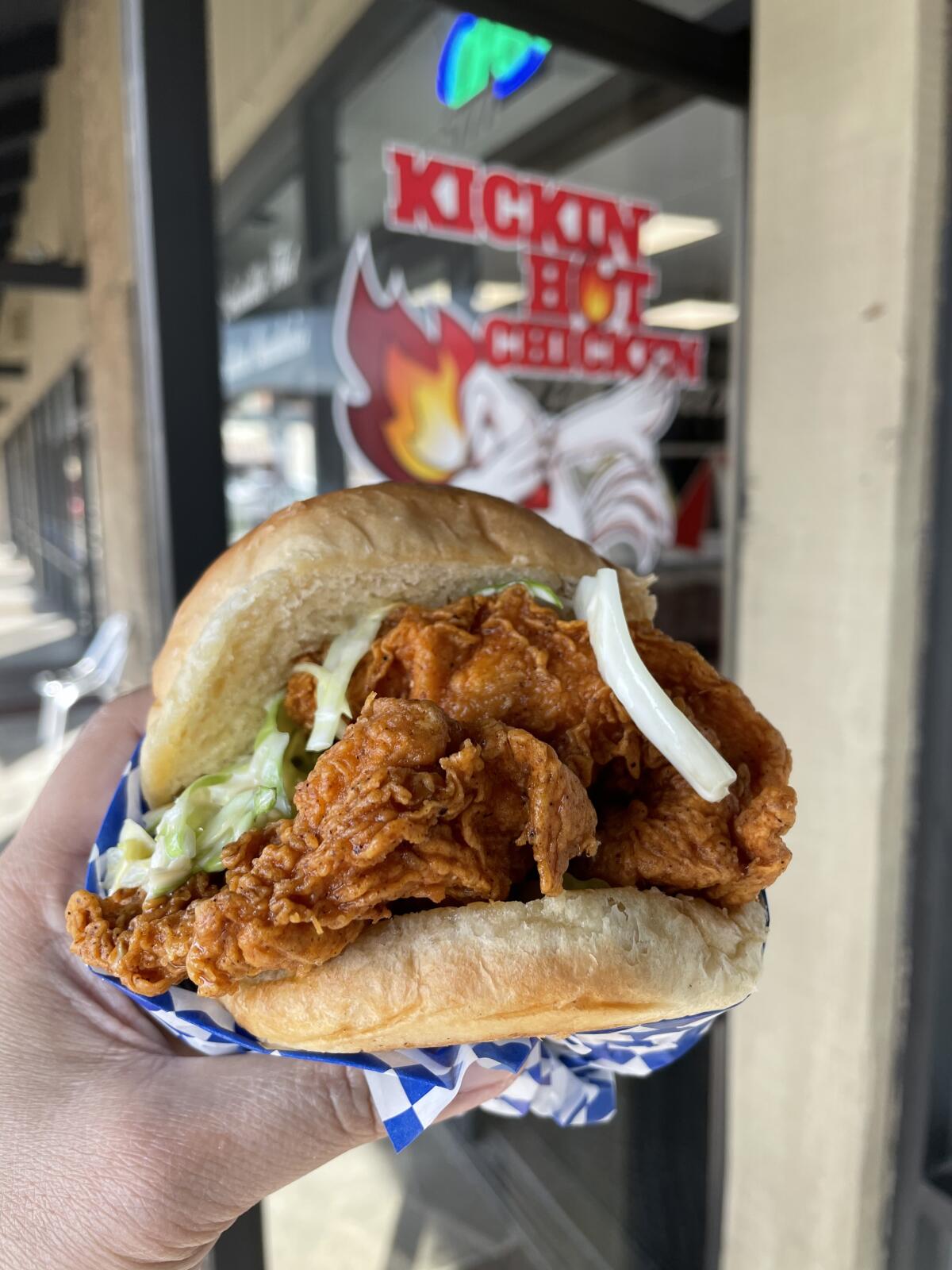 The Nashville Hot Chicken sando at Kickin’ Hot Chicken in Anaheim.