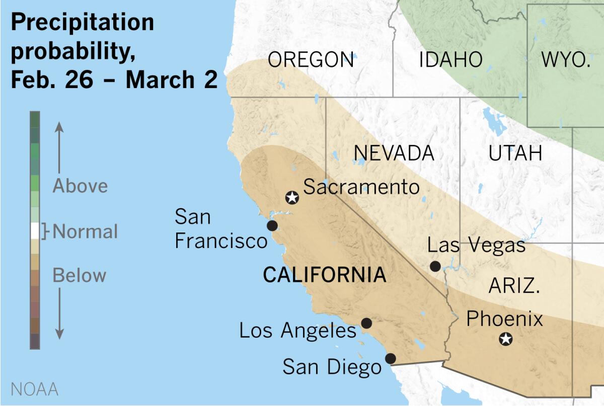 A map of the U.S. West shows probability for below-normal precipitation in much of California