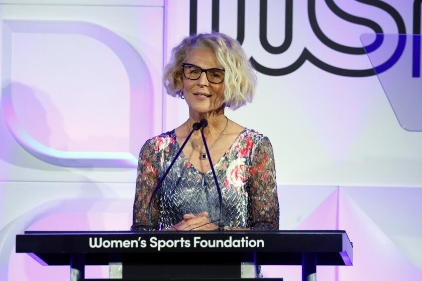 NEW YORK, NEW YORK - OCTOBER 12: Sue Enquist speaks on stage during The Women's Sports Foundation.