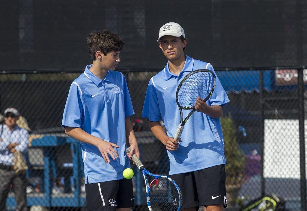 Corona del Mar High's Bjorn Hoffmann and his brother Nik Hoffman play a match against Sage Hill.