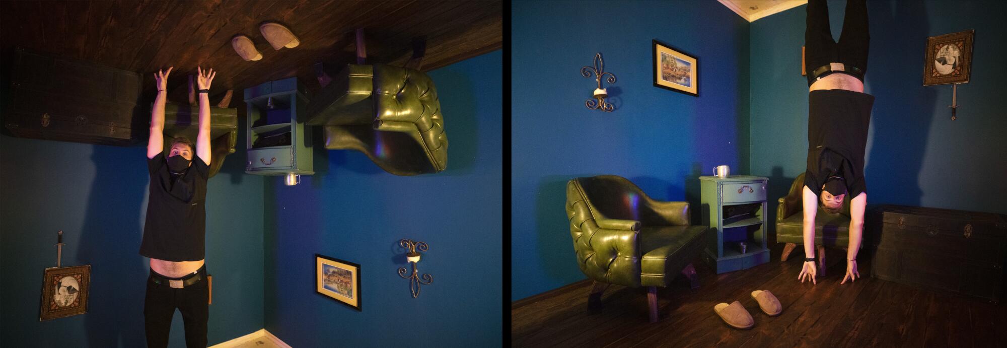 A split image of a man standing and touching the ceiling in a blue room and the same man appearing to hang upside down 