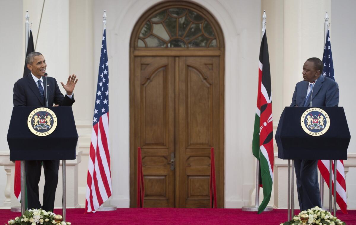 President Obama and Kenyan President Uhuru Kenyatta answer reporters' questions after a meeting Saturday at the State House in Nairobi.