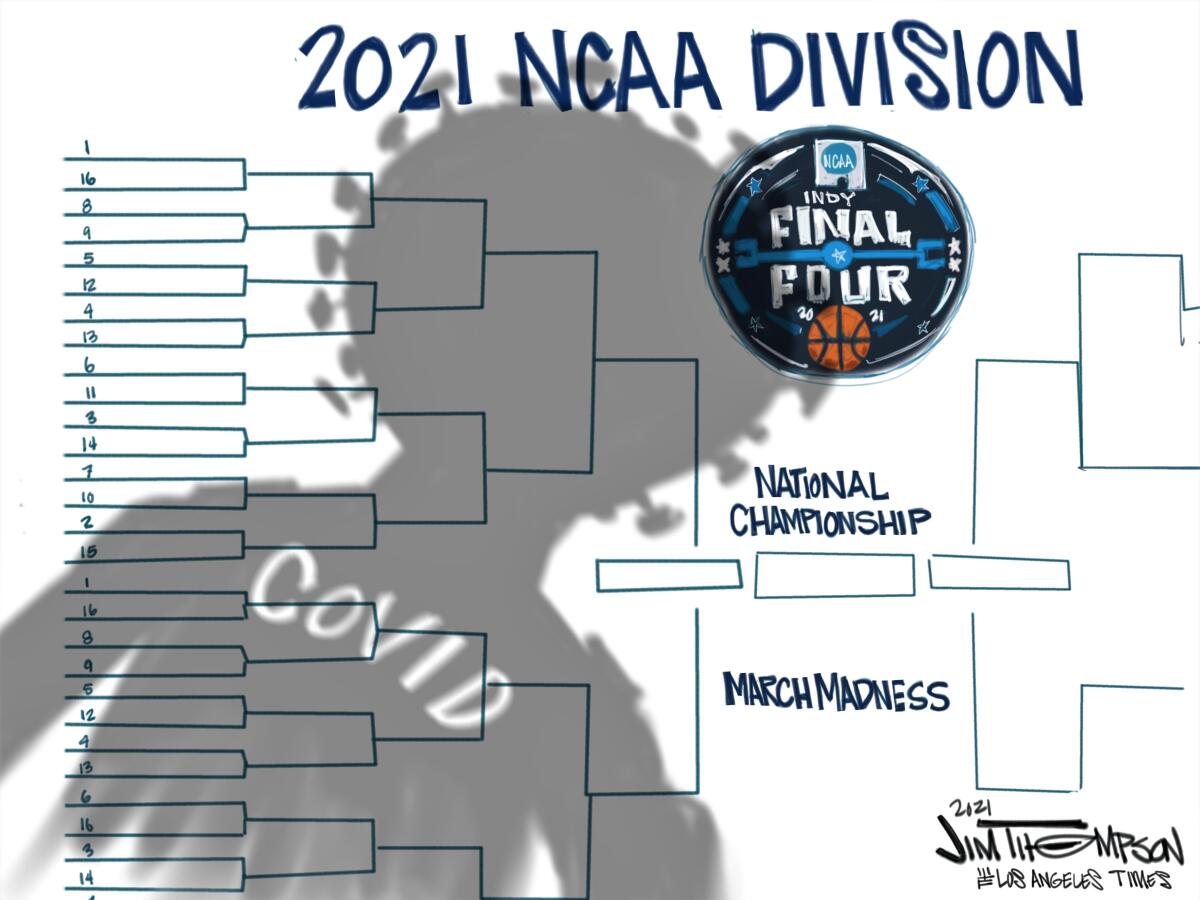 NCAA tournament bracket with COVID-19 shadow hovering over it.