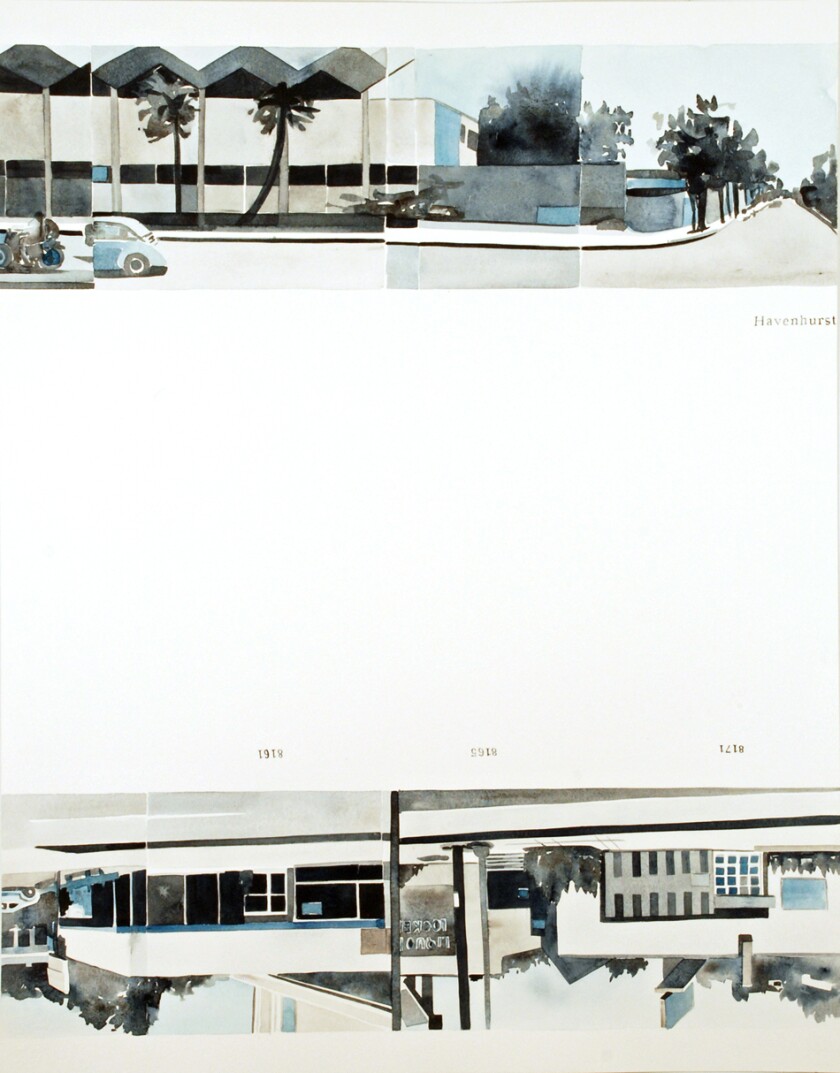 A single watercolor panel in tones of blue, black and gray on white paper shows Modernist buildings on Sunset Boulevard.