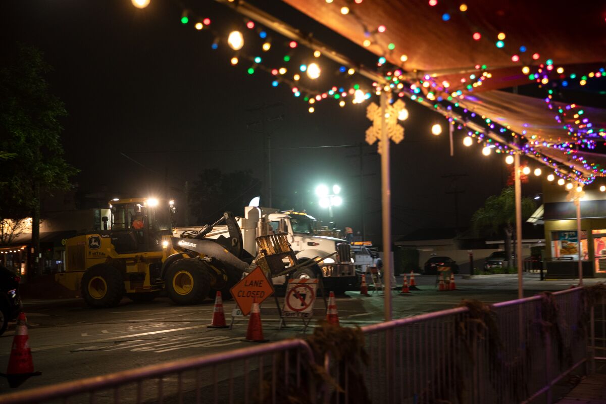 Construction crews worked on the pipeline-replacement project around 9 p.m. on Monday, Dec. 21, 2020.