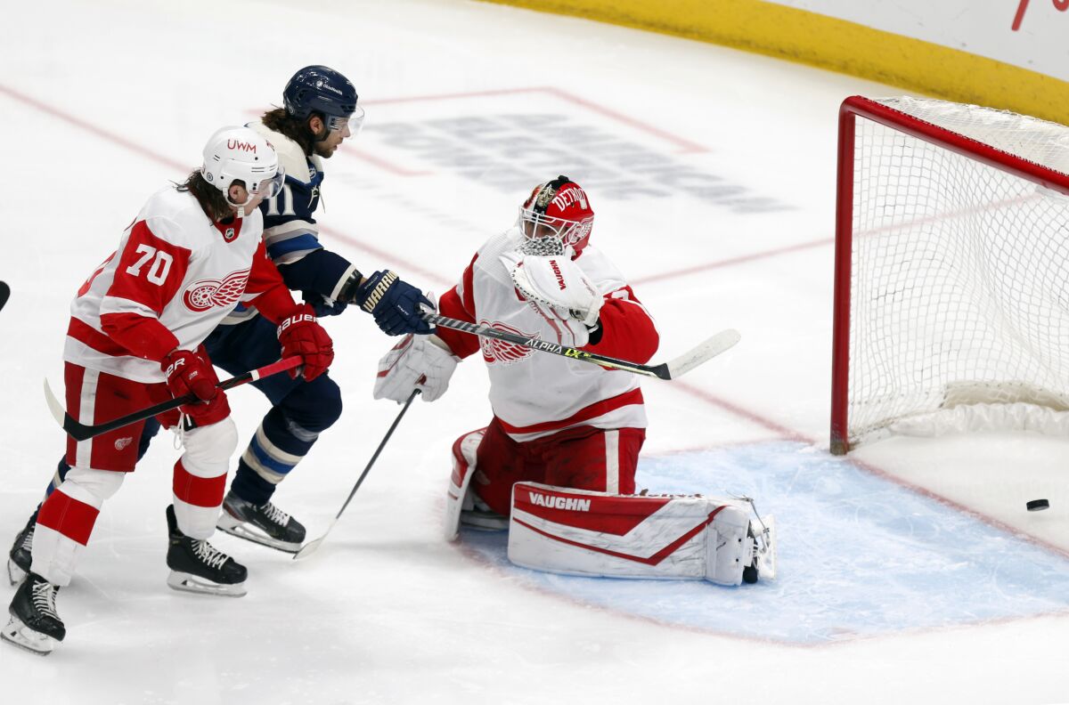 Columbus Blue Jackets forward Kevin Stenlund, center, watches a goal by teammate Gavin Bayreuther (not shown) between Detroit Red Wings defenseman Troy Stecher, left, and goalie Thomas Greiss during the first period an NHL hockey game in Columbus, Ohio, Friday, May 7, 2021. (AP Photo/Paul Vernon)