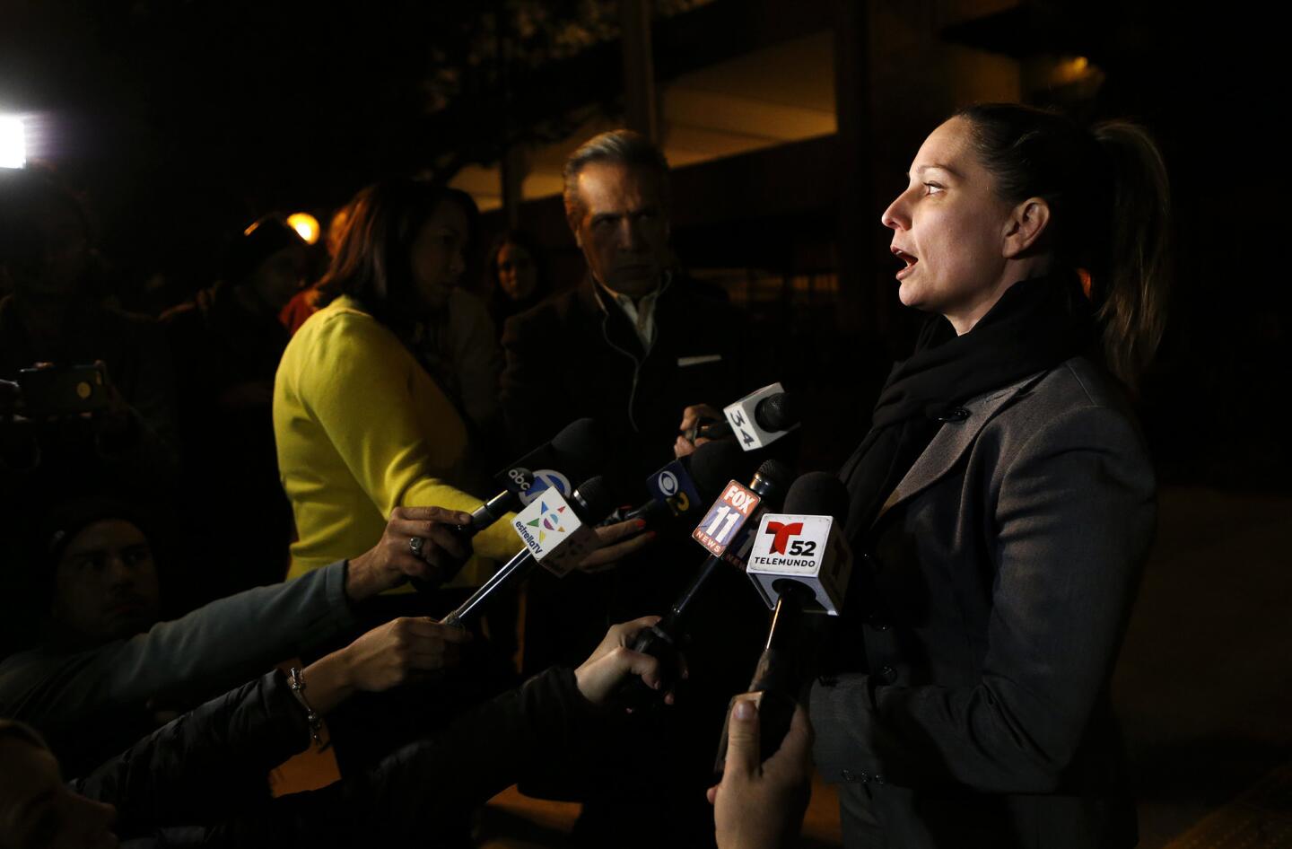LAPD Detective Meghan Aguilar addresses the media near the entrance to USC's Seeley G. Mudd building after the on-campus slaying.