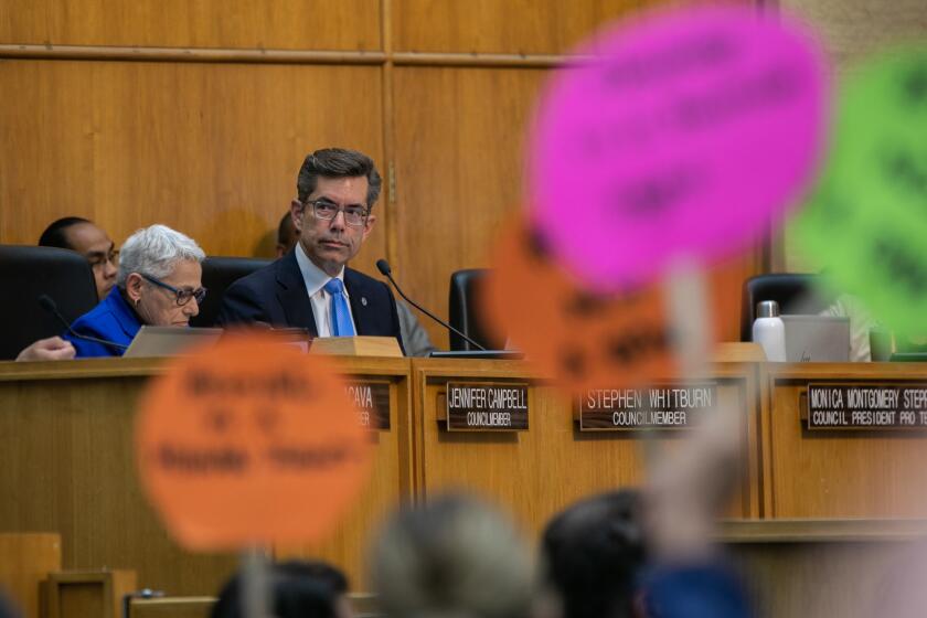 San Diego, CA - June 13: Councilmember Stephen Whitburn looks out to towards attendees at a public meeting in which the San Diego City Council considers an ordinance that will ban homeless encampments at San Diego City Hall in San Diego, CA on Tuesday, June 13, 2023. Whitburn introduced the controversial ordinance. (Adriana Heldiz / The San Diego Union-Tribune)