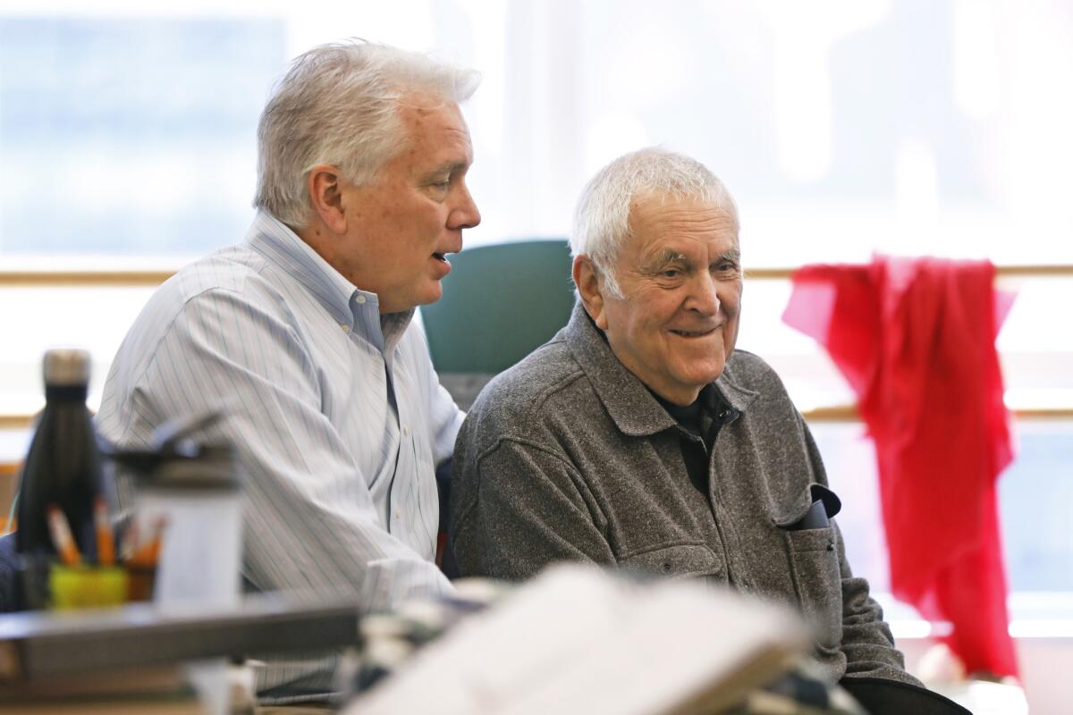 Book writer David Thompson, left, and composer John Kander during a rehearsal for the production opening Wednesday.