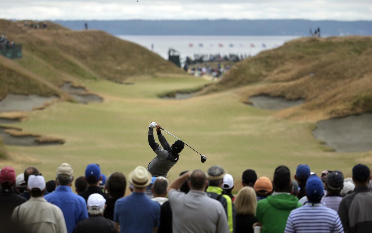 Jason Day, of Australia, watches his tee shot on the 10th hole during the second round of the U.S. Open golf tournament at Chambers Bay.
