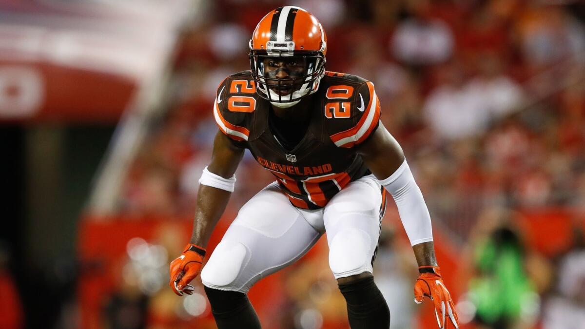 Defensive back Rahim Moore, then playing for the Cleveland Browns, looks on during a preseason game against the Tampa Bay Buccaneers in 2016.