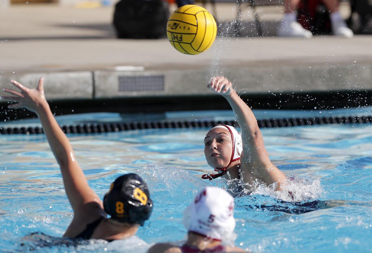 Laguna Beach's Emma Lineback, picturing scoring a goal in a Jan. 4 match against Foothill, led the Breakers to a 13-8 win over Corona del Mar on Tuesday.