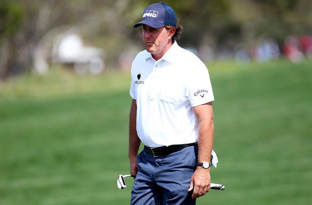 Phil Mickelson prepares to putt during the third round of the Valero Texas Open last weekend.