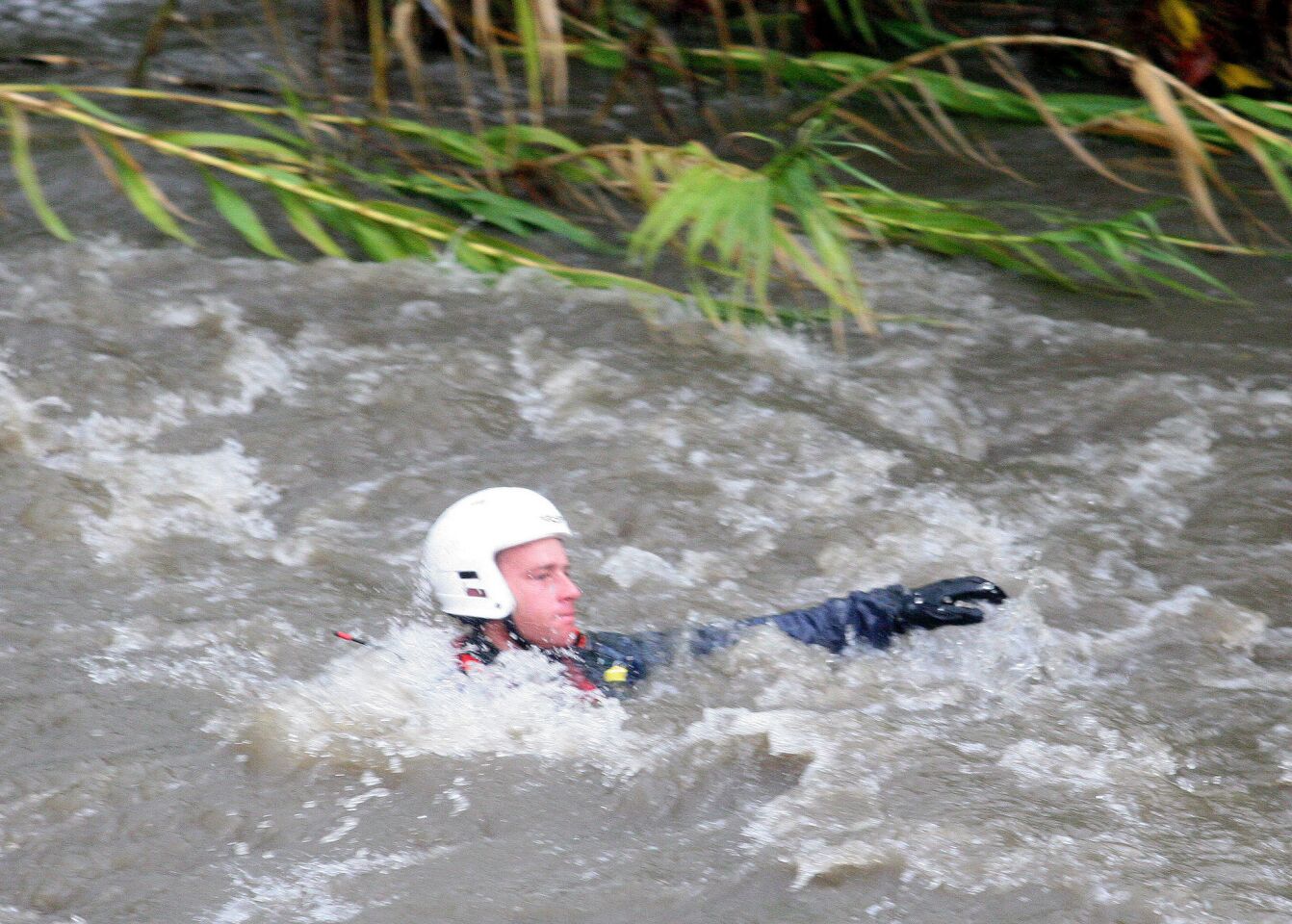 An L.A. Fire Department urban search and rescue team member floats down the L.A. River after his line snapped as he tried to swim to an island in the Atwater Village area during rescue operations Friday. Firefighters downriver pulled him to safety.