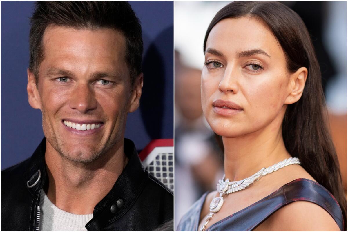 Separate photos show Tom Brady smiling in a leather jacket and Irina Shayk posing in a chunky necklace