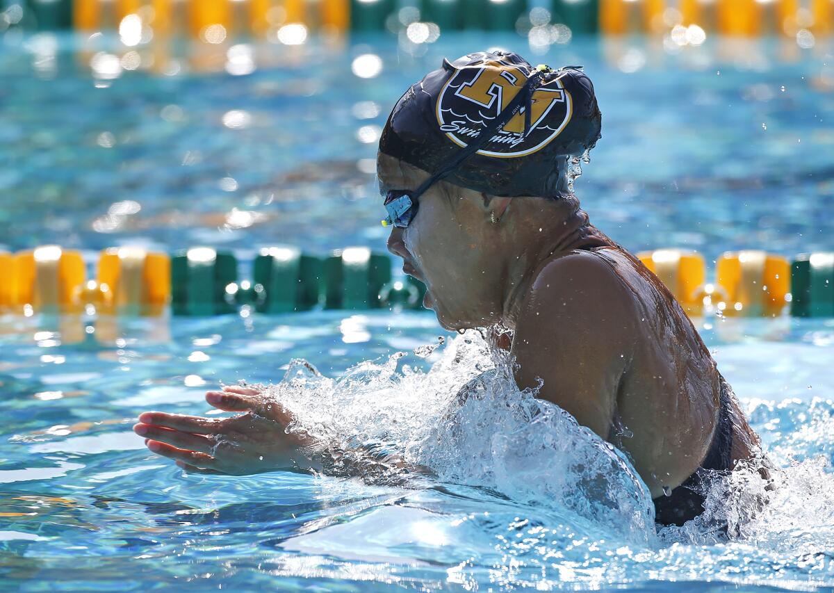 Fountain Valley's Kaitlyn Nguyen, shown swimming the breaststroke at last week's Surf League finals.