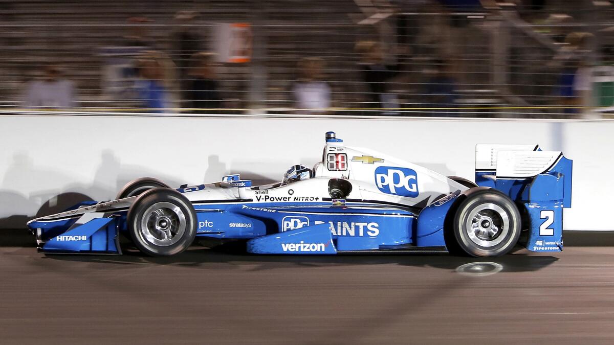 Josef Newgarden leads during the final laps of the IndyCar race Saturday at Gateway Motorsports Park.