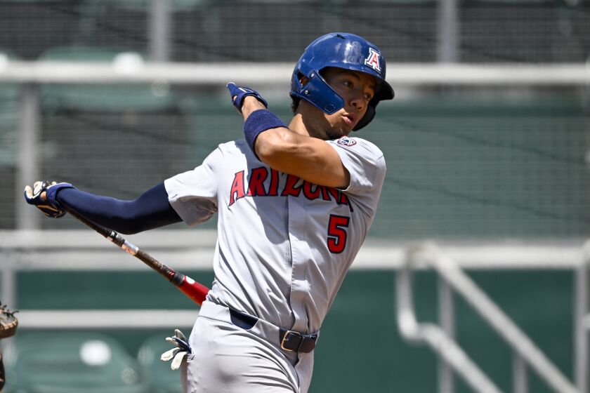 Arizona's Chase Davis bats during an NCAA baseball game against Canisius on Sunday, June 5, 2022 in Coral Gables, Fla. (AP Photo/Doug Murray)