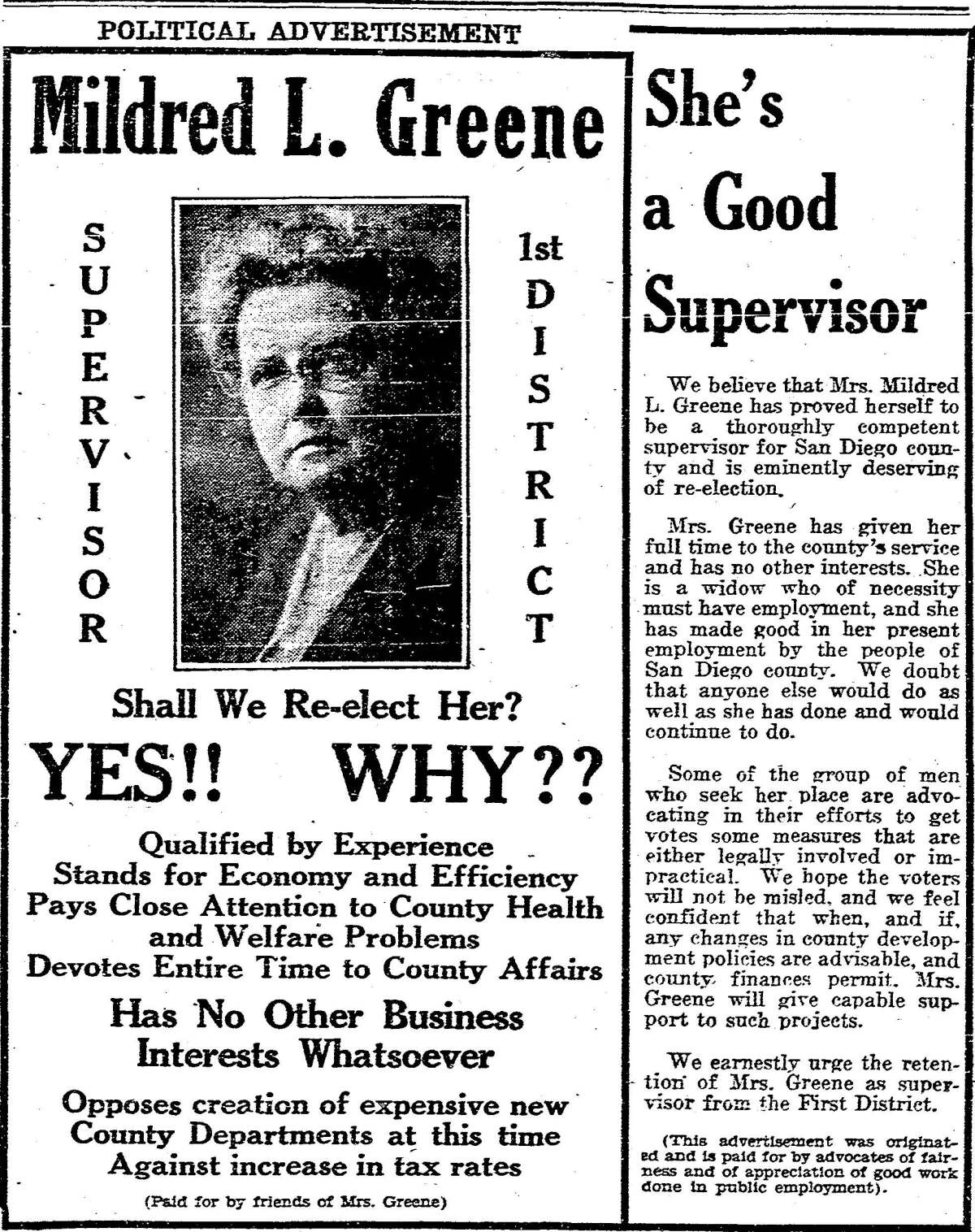 Mildred L. Greene 1928 political advertisement.