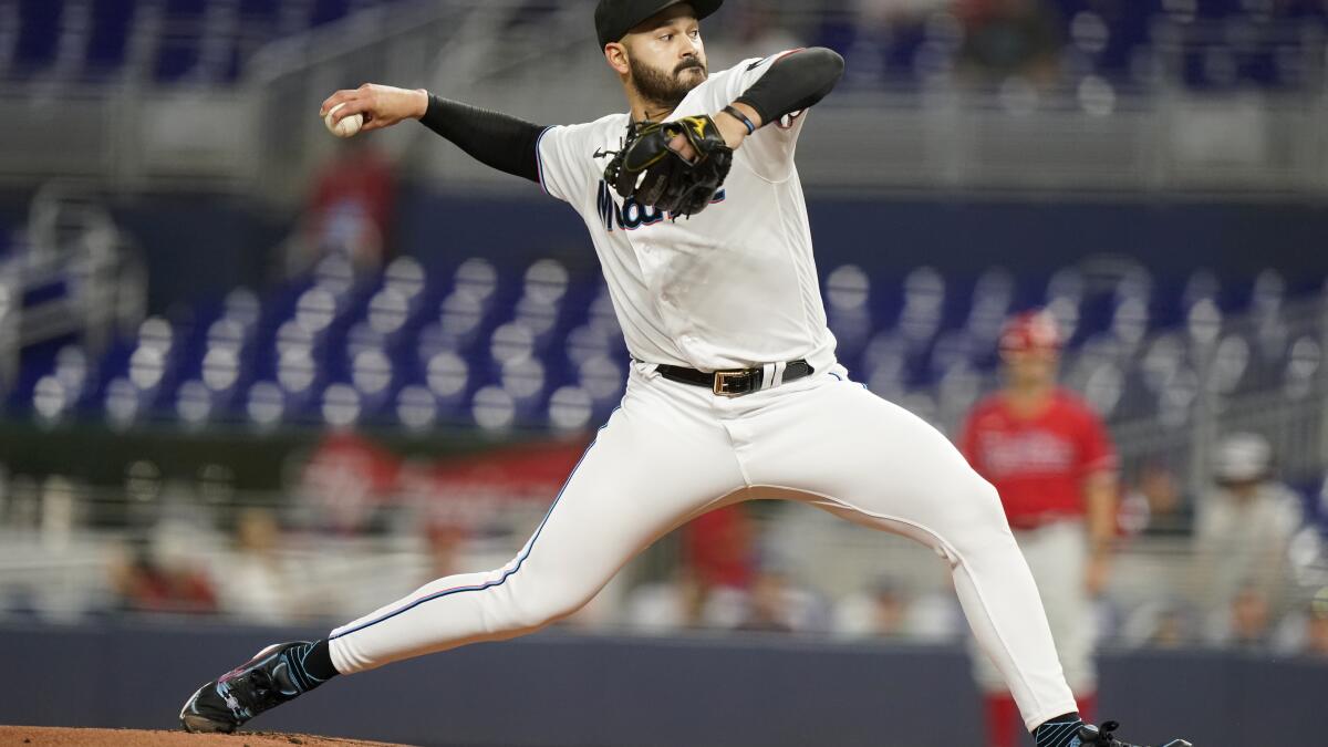 Jordan Groshans of the Miami Marlins walks off the field between