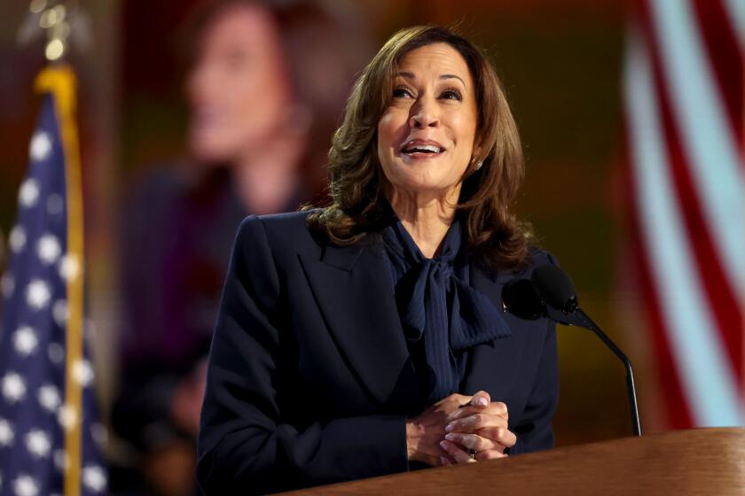 CHICAGO, IL AUGUST 22, 2024 - Democratic presidential nominee Vice President Kamala Harris speaks during the Democratic National Convention Thursday, Aug. 22, 2024, in Chicago, IL. (Robert Gauthier/Los Angeles Times)