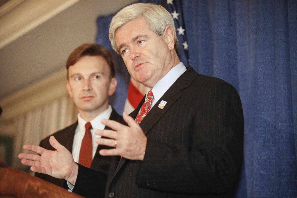 Then-House Speaker Newt Gingrich endorses Jim Rogan for Congress in 1996 in Pasadena.