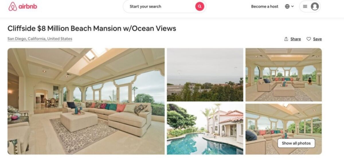 A screen capture of the Airbnb listing — since taken down — of a property in La Jolla Farms.