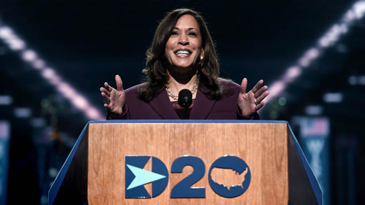 Sen. Kamala Harris accepts the nomination for vice president at the Democratic National Convention on Wednesday night.
