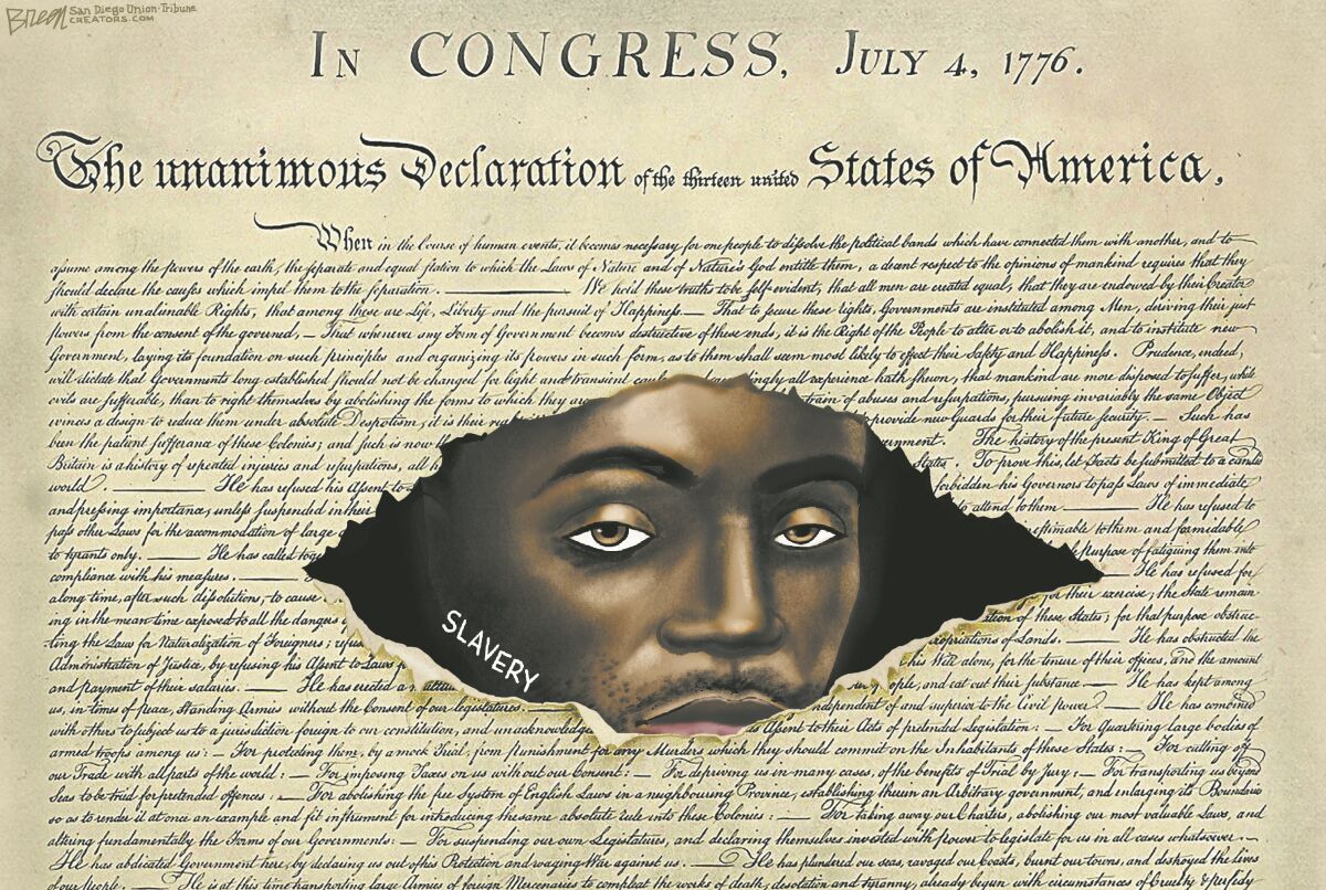 In this Stephen Breen cartoon, the Declaration of Independence is marred by slavery