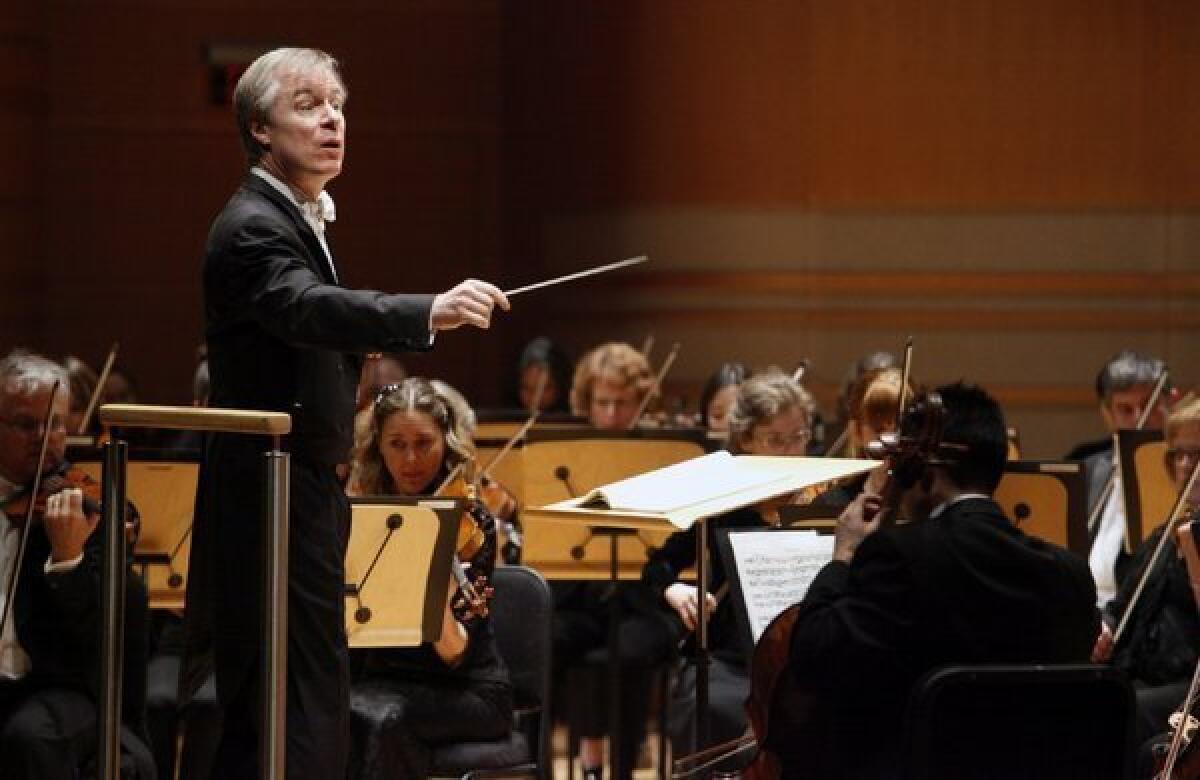 David Robertson conducting the St. Louis Symphony Orchestra in Costa Mesa last month.