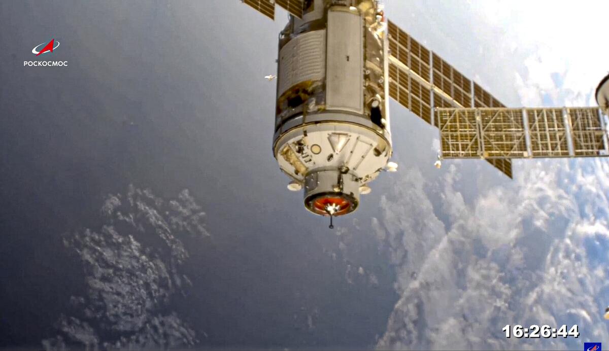 The Nauka module is seen prior to docking with the International Space Station