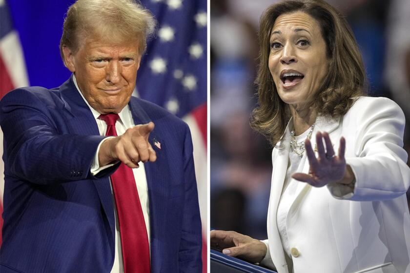 Left: Republican presidential nominee former President Donald Trump gestures during a town hall with former Democratic Rep. Tulsi Gabbard, Thursday, Aug. 29, 2024, in La Crosse, Wis. (AP Photo/Charlie Neibergall); Right: Democratic presidential nominee Vice President Kamala Harris speaks at a campaign rally Thursday, Aug. 29, 2024, in Savannah, Ga. (AP Photo/Stephen B. Morton)