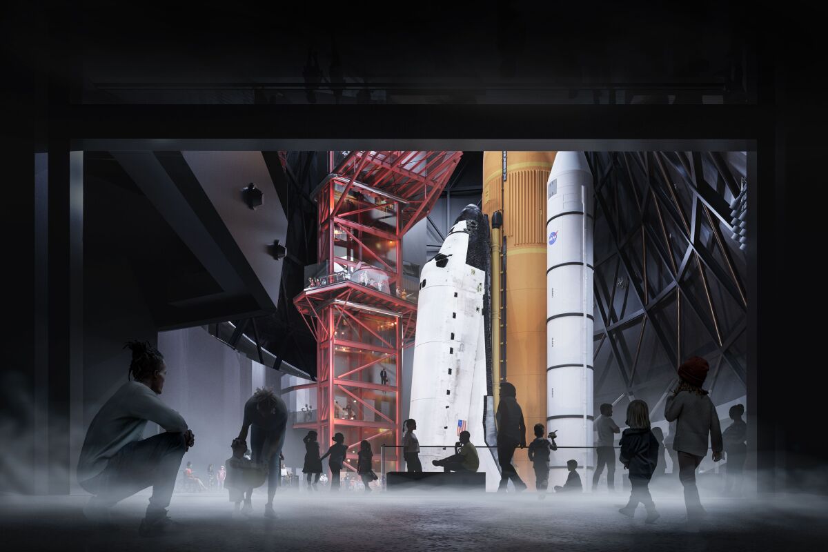 An artist's rendering of visitors looking at the shuttle Endeavour.