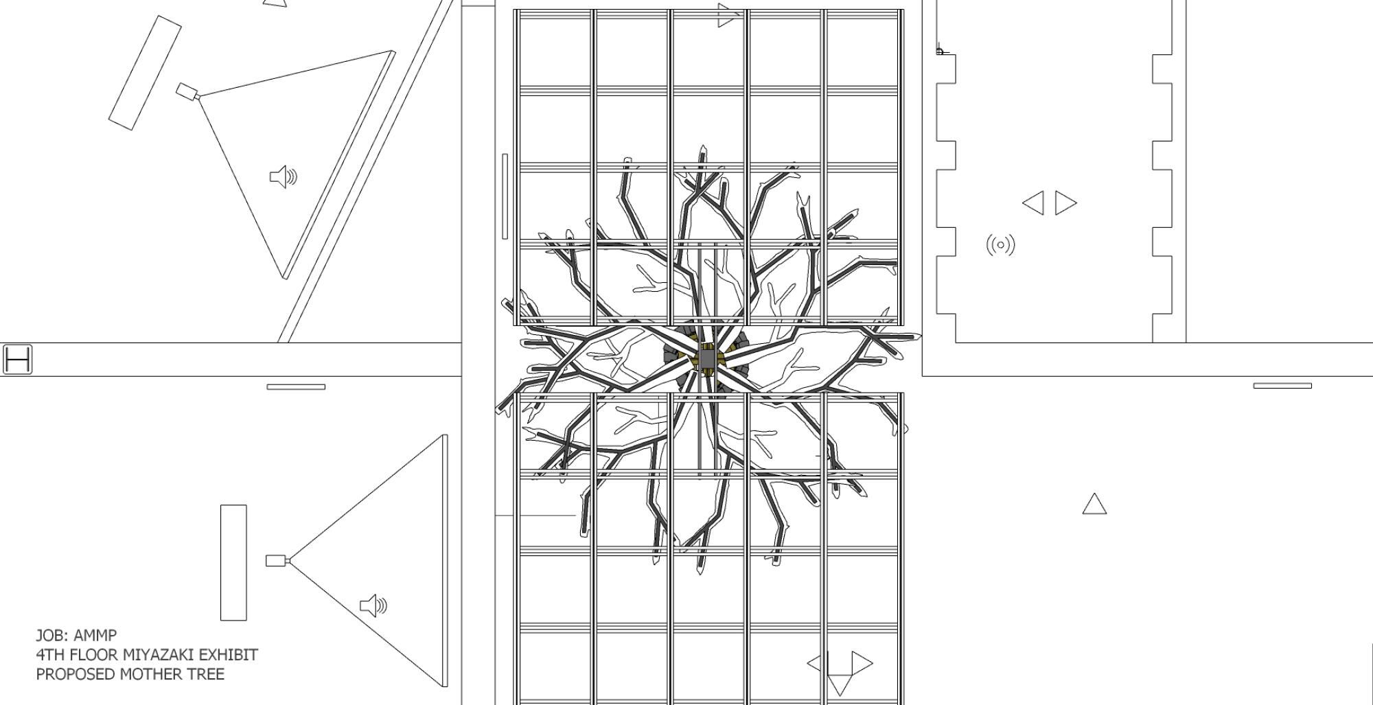 A drawing shows the aerial view of branches for the Mother Tree in the Academy Museum's Hayao Miyazaki retrospective. 