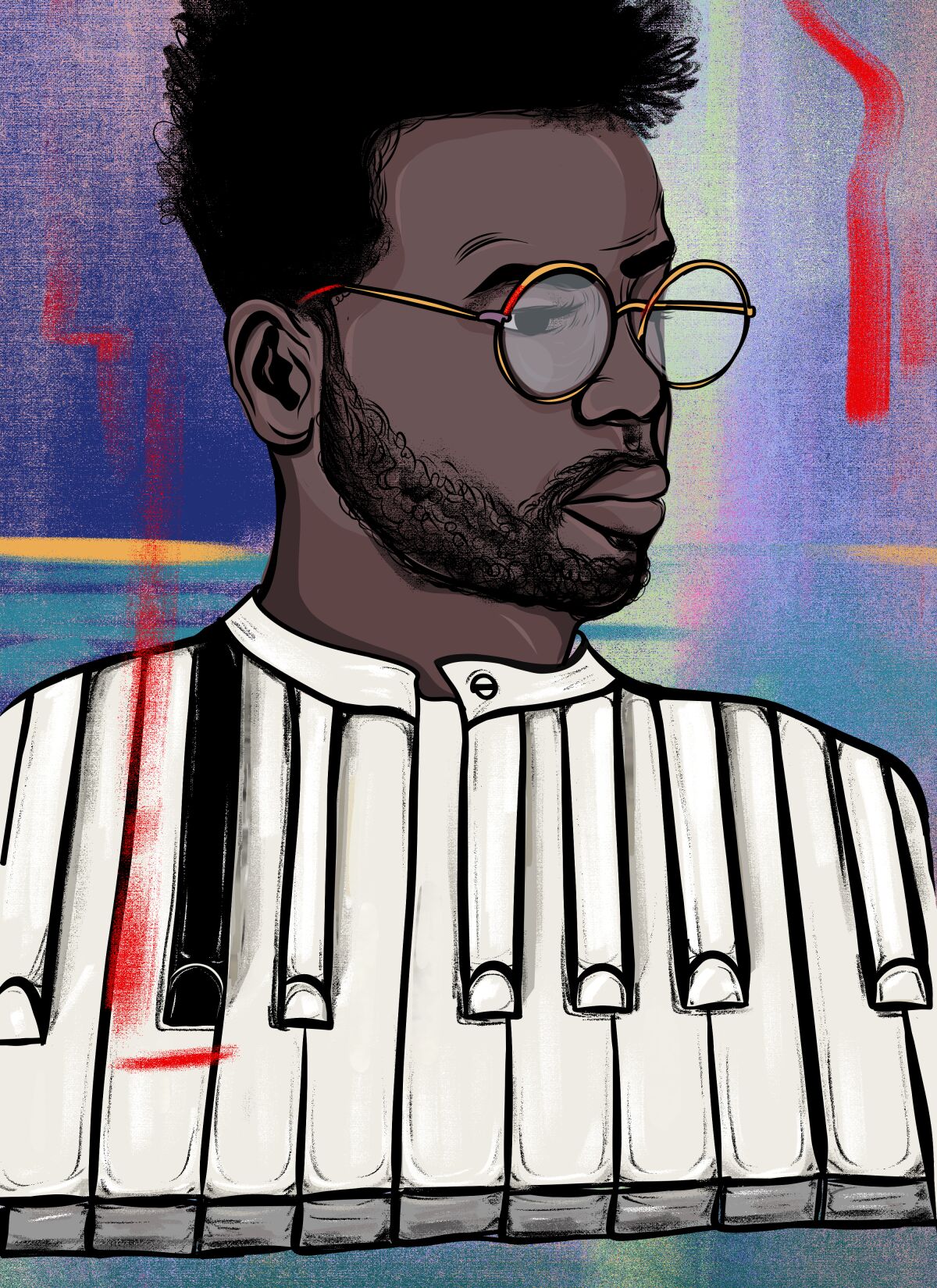 Abstract illustration shows a Black man whose shirt consists of piano keys, only one of which is Black. The rest are white. 