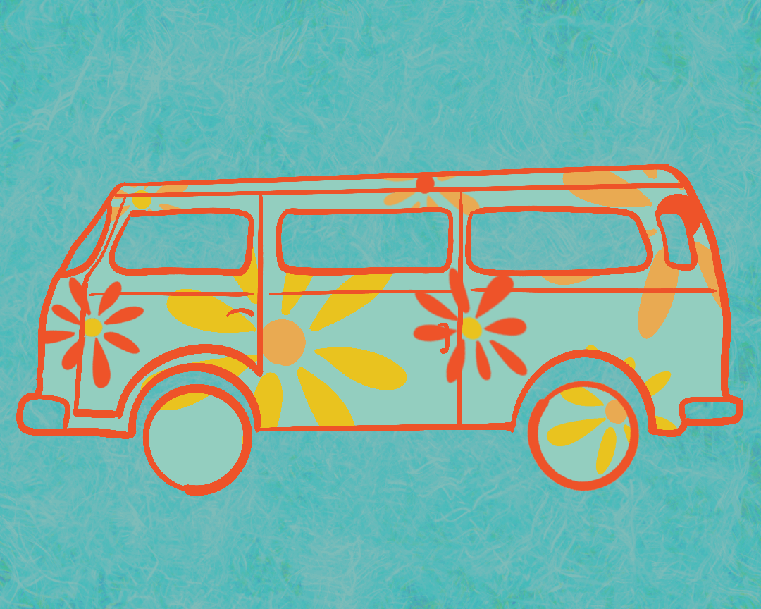 Gif of a van with moving flowers painted on it