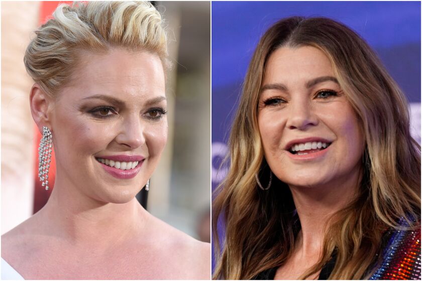 A split image of Katherine Heigl smiling in pink lipstick and dangly earrings and Ellen Pompeo smiling in a sparkly outfit