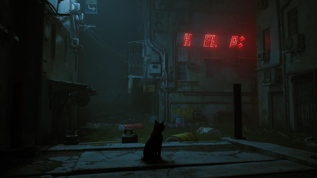 Video game image of cat silhouetted beneath a partially burned out neon sign spelling "help."