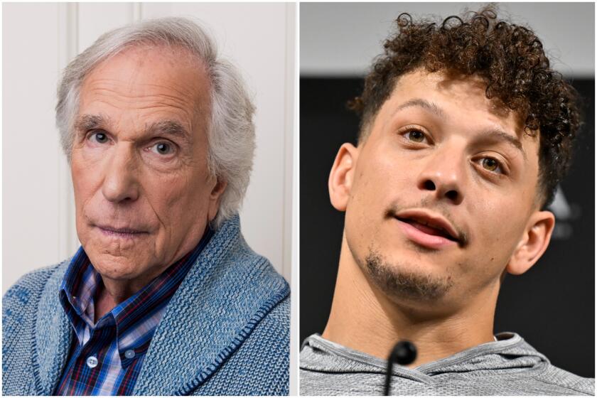 Split: left, Henry Winkler wears a blue sweater and a blue, red and white plaid shirt; right, Patrick Mahomes wears a grey 